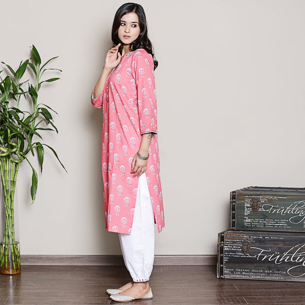 pink printed kurta with neck embroidery