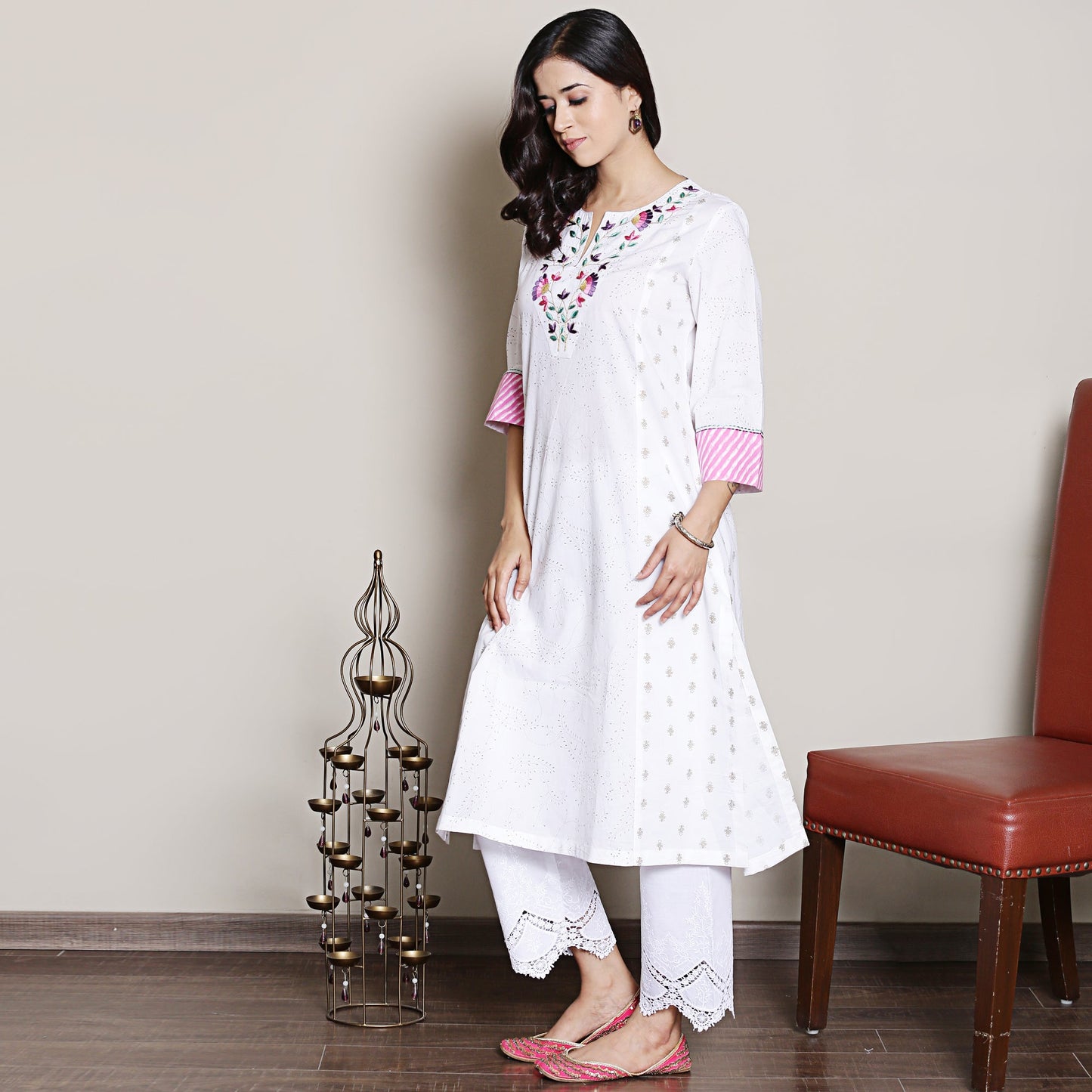 white printed kurta with neck embroidery