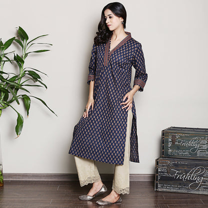 Navy blue printed kurta