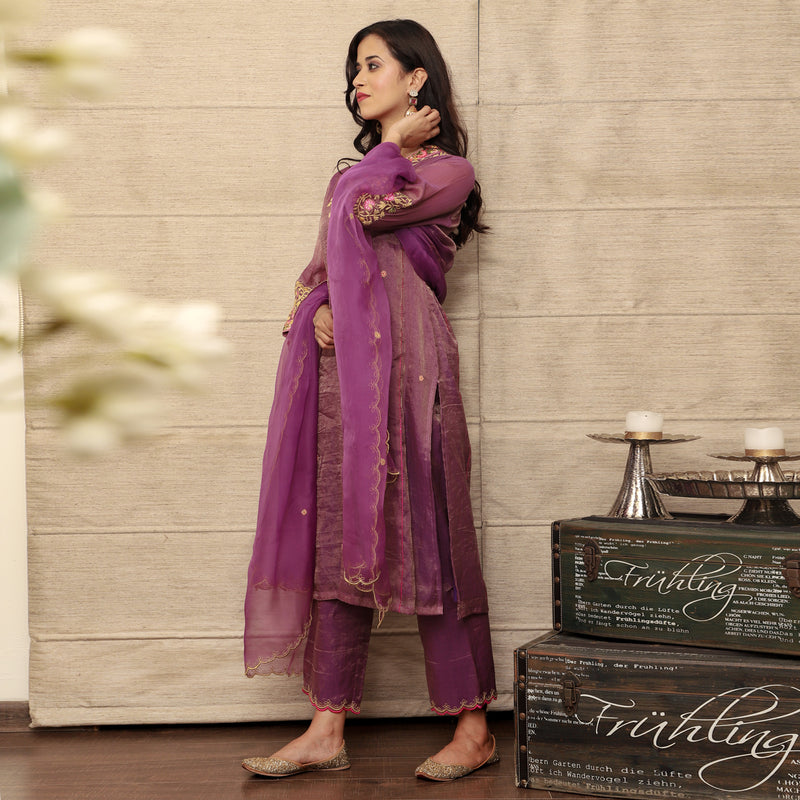 Embroidered purple metallic chanderi kurta set