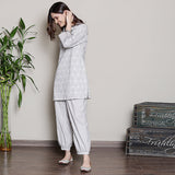 Block printed grey co-ord set with neck embroidery