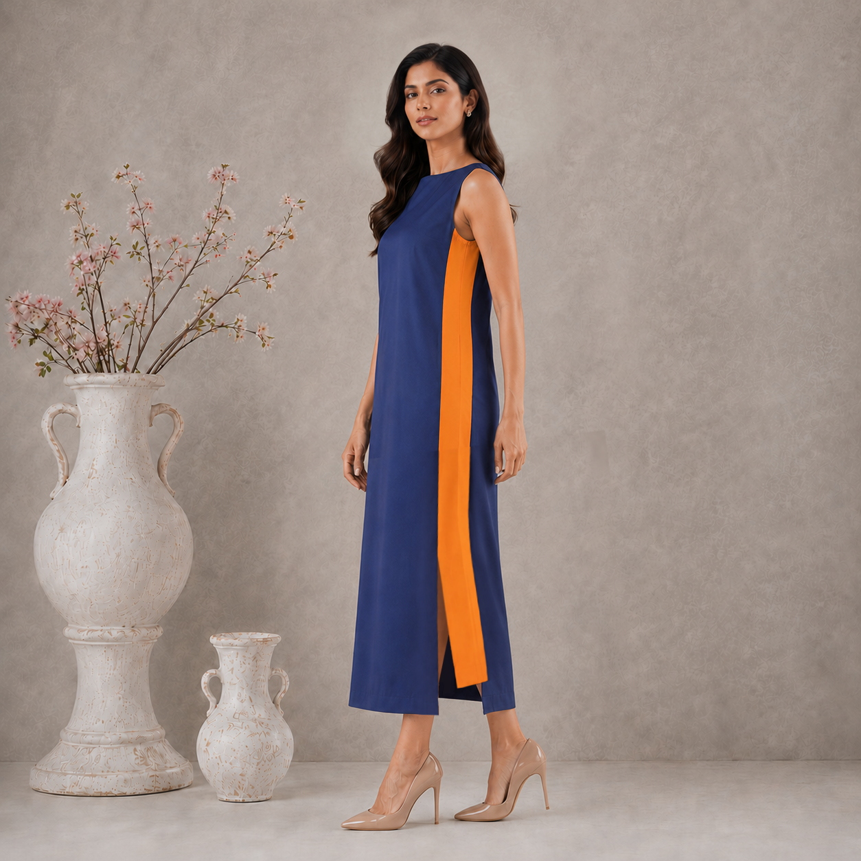 Navy Blue & Orange Colorblock Panel Dress - Detail View - Spring Soul