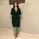 Green Crushed Velvet Embroidered & Brocade Applique Kurta