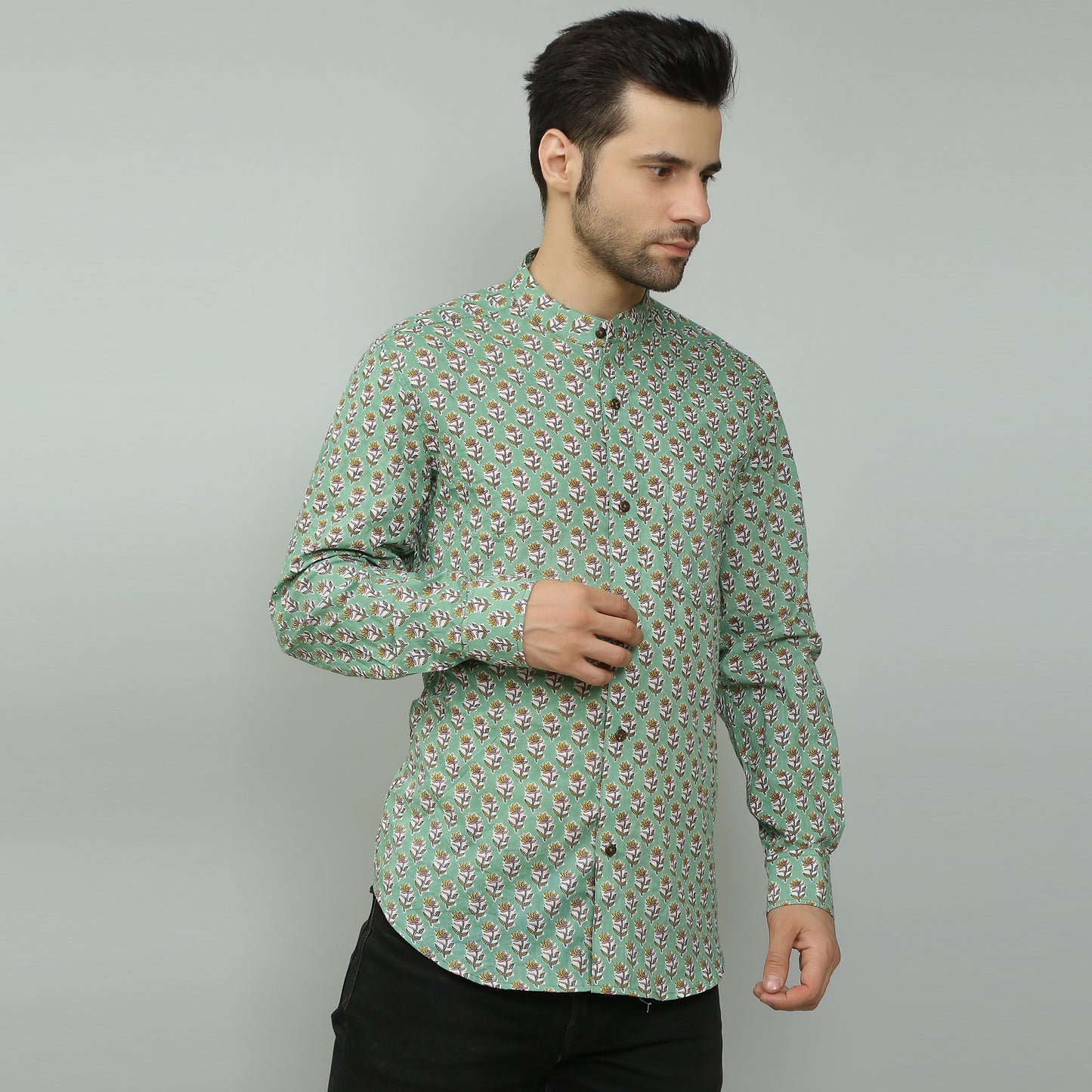 green Cotton printed full sleeves band collar shirt