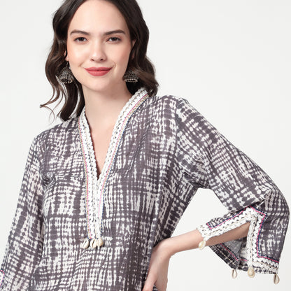 Grey Printed lace detailing kurta