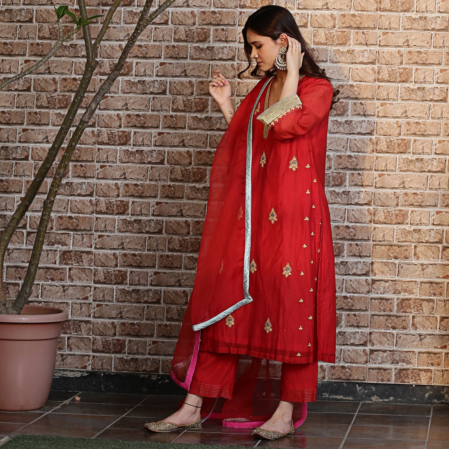 Red chanderi A-line kurta set with dupatta