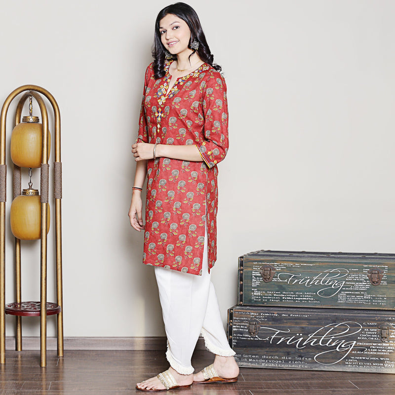 Block printed red embroidered kurta set with dhoti pants