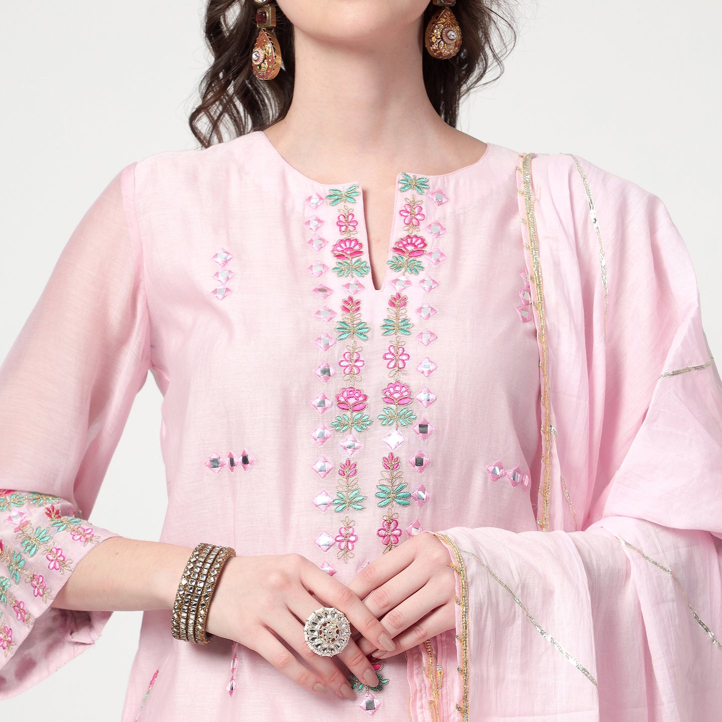 pink chanderi kurta Set
