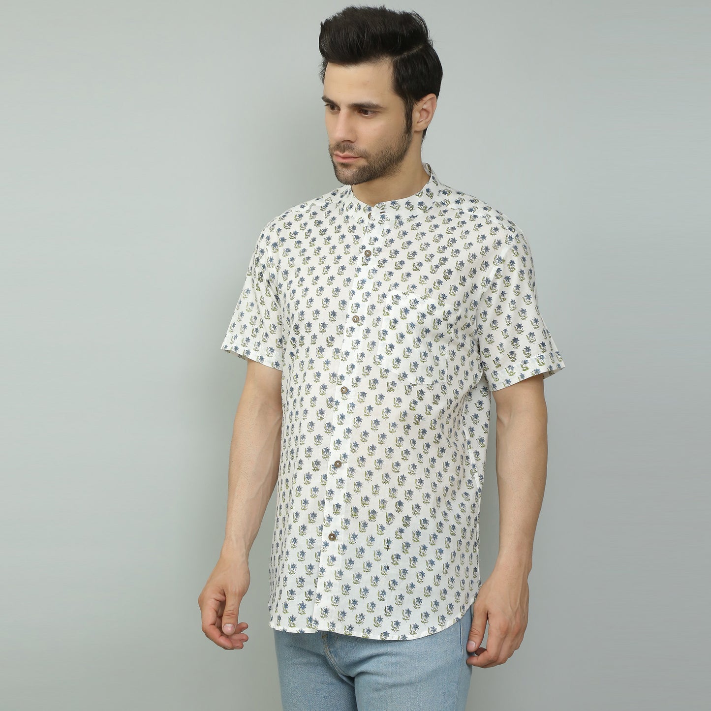 white Cotton printed half sleeves band collar shirt