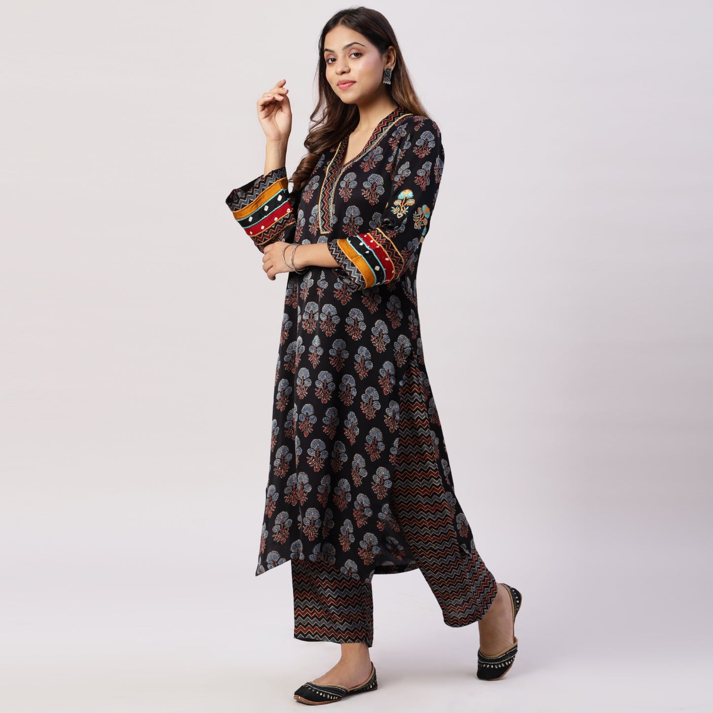 Modal Silk Ajrakh Set with embroidery & Applique