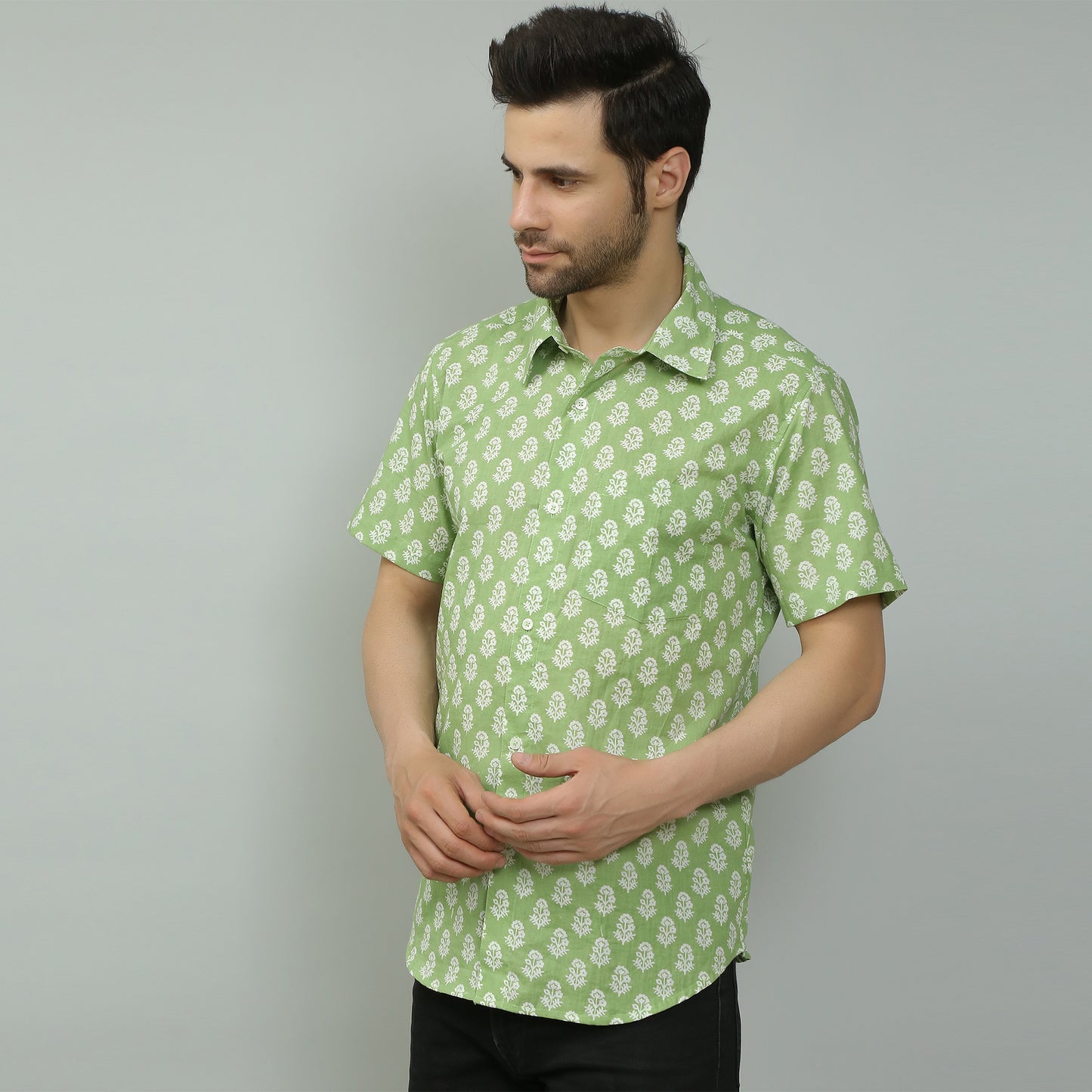 green Cotton printed half sleeves shirt