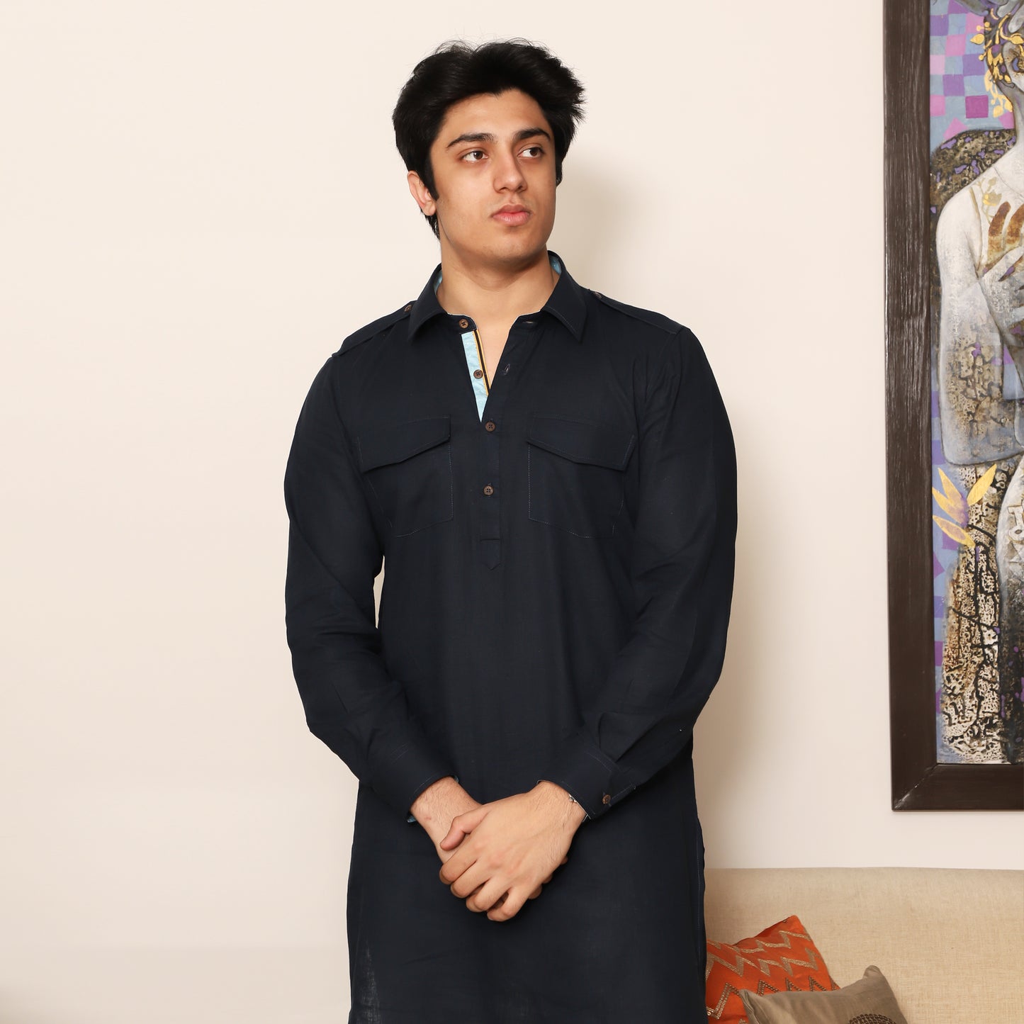 black men's shirt collar cotton blend kurta