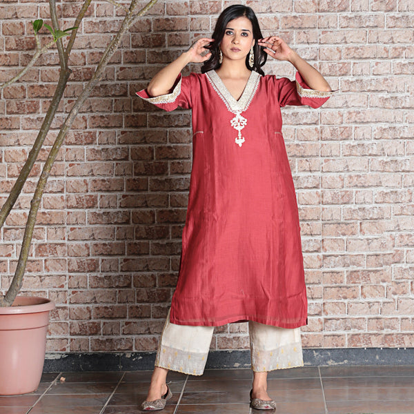 brick red chanderi A-line embroidered kurta set with dupatta