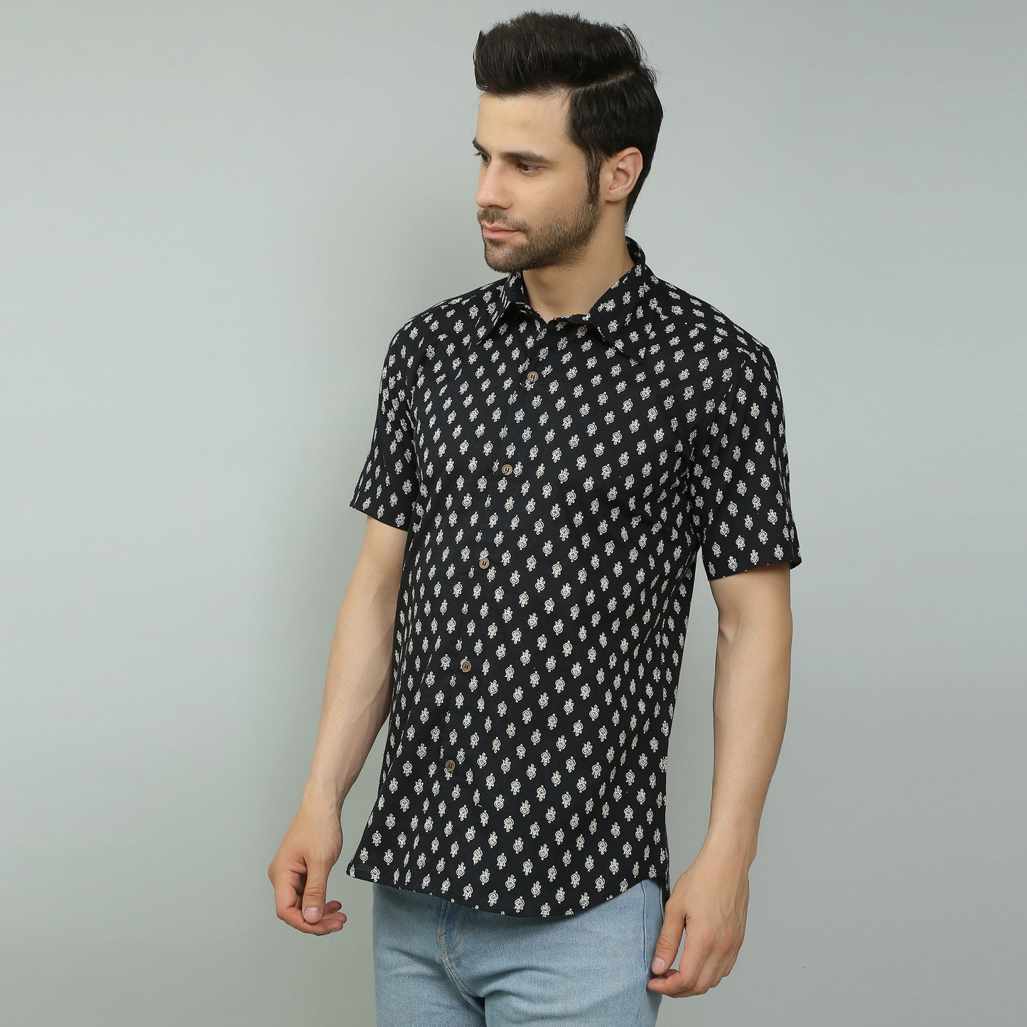 black Cotton printed half sleeves shirt