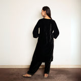 Black hand embroidered velvet kurta