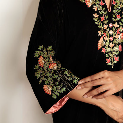 Black hand embroidered velvet kurta set with salwar and organza dupatta