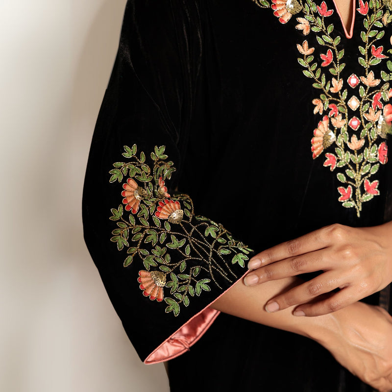 Black hand embroidered velvet kurta