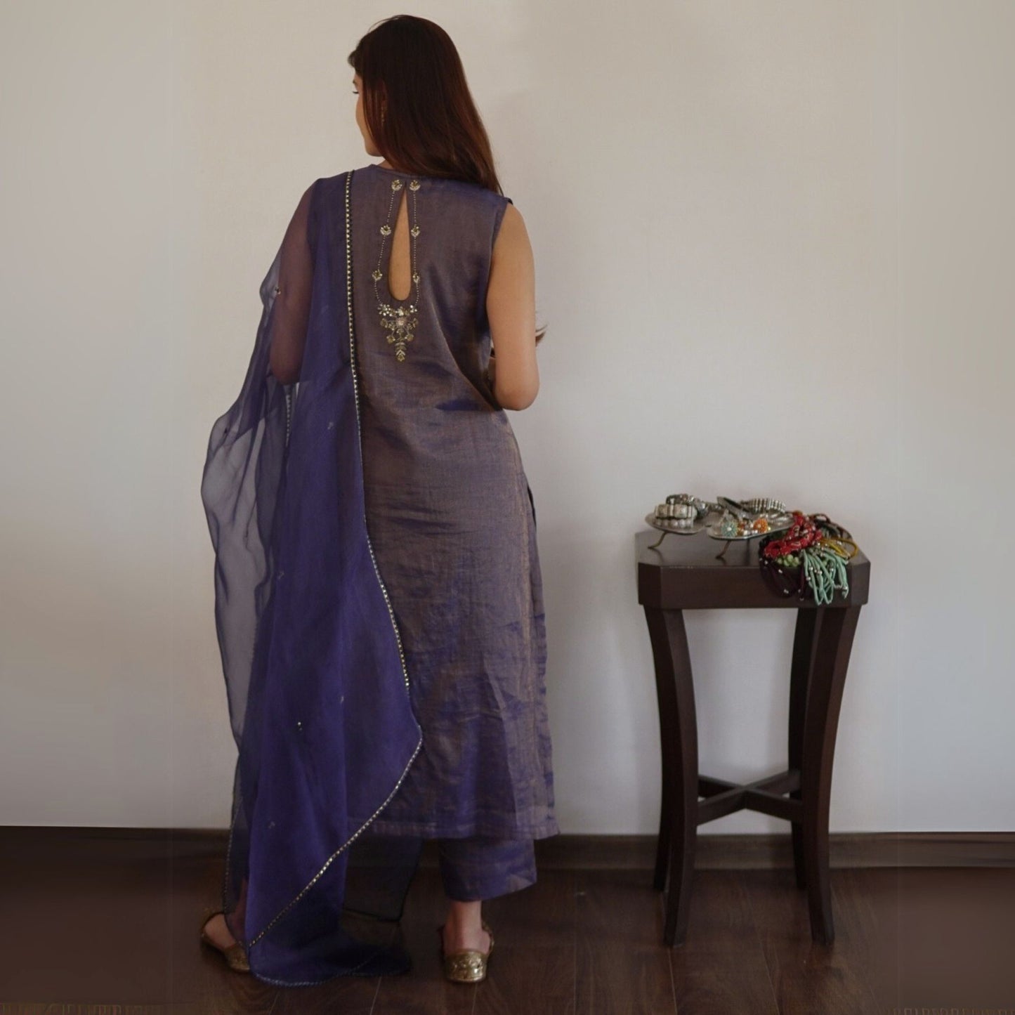 Navy Blue Metallic Chanderi Suit Set with Dupatta