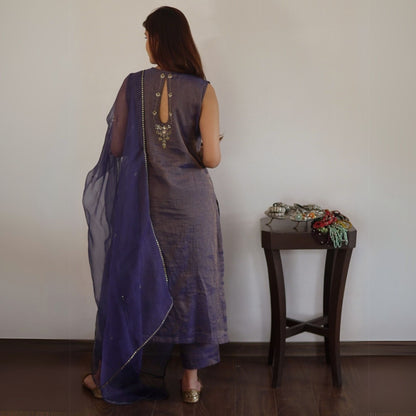 Navy Blue Metallic Chanderi Suit Set with Dupatta