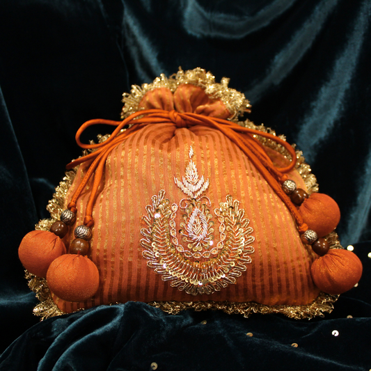 Orange Tissue Chanderi hand embroidered Potli bag