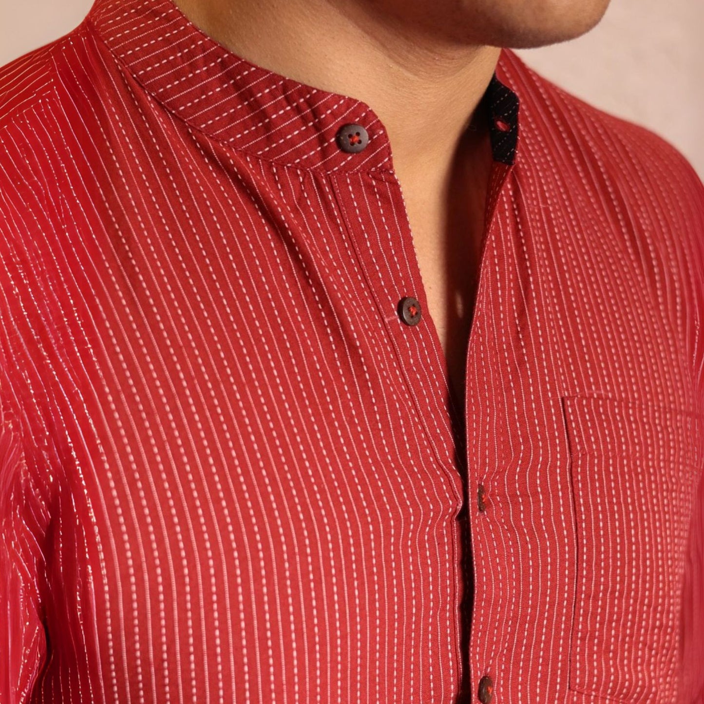 Red kantha textured band collar kurta