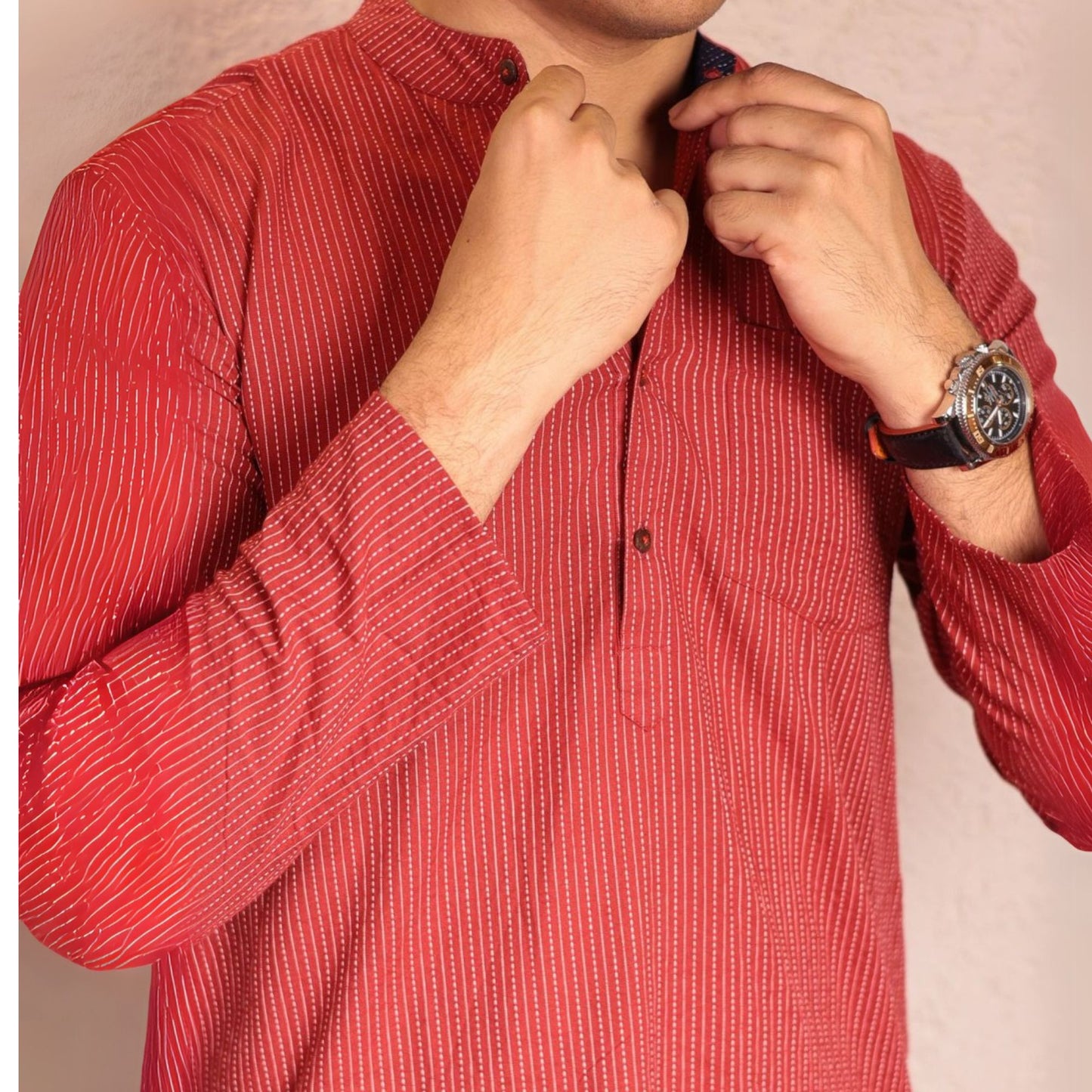 Red kantha textured band collar kurta