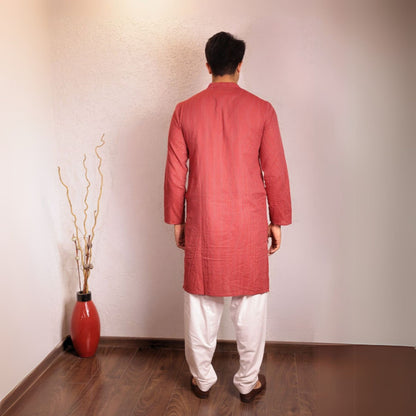 Red kantha textured band collar kurta