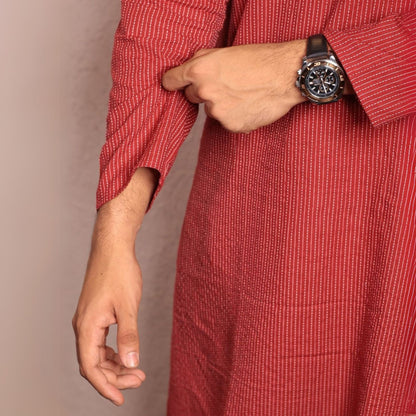 Red kantha textured band collar kurta