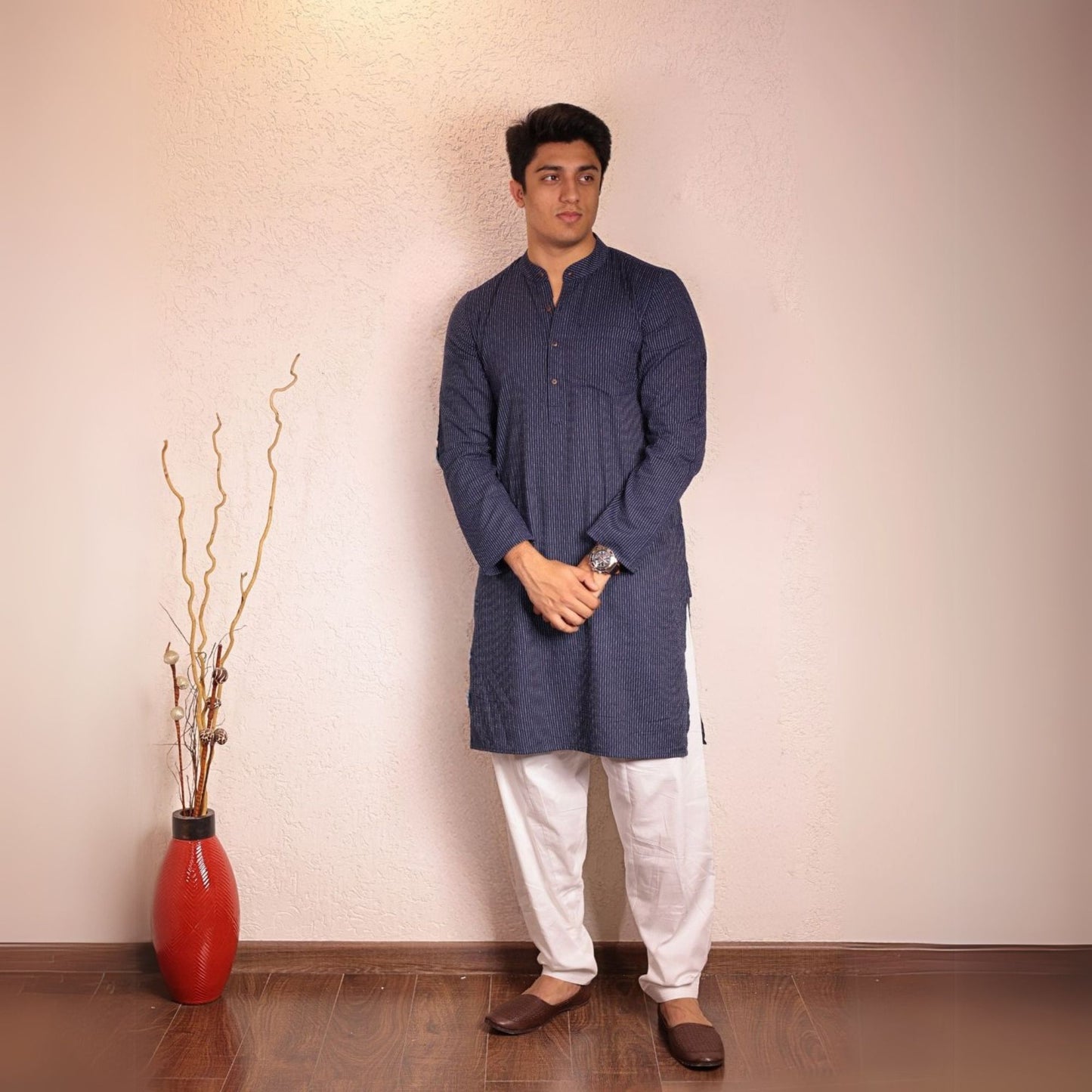 Blue kantha textured band collar kurta