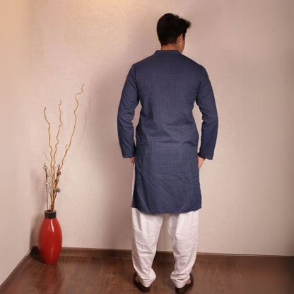 Blue kantha textured band collar kurta