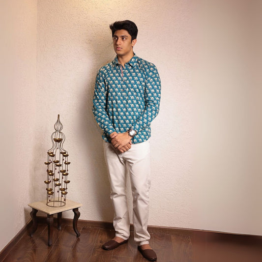 Teal blue cotton printed full sleeves Shirt