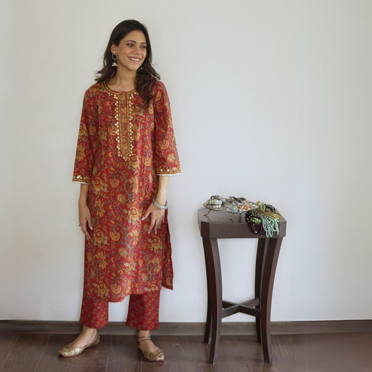 Red Floral Mirrorwork Cotton Kurta Set with Dupatta