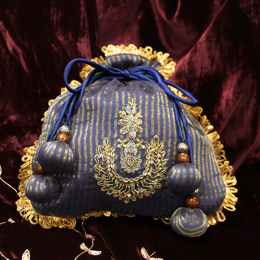 Blue Tissue Chanderi hand embroidered Potli bag