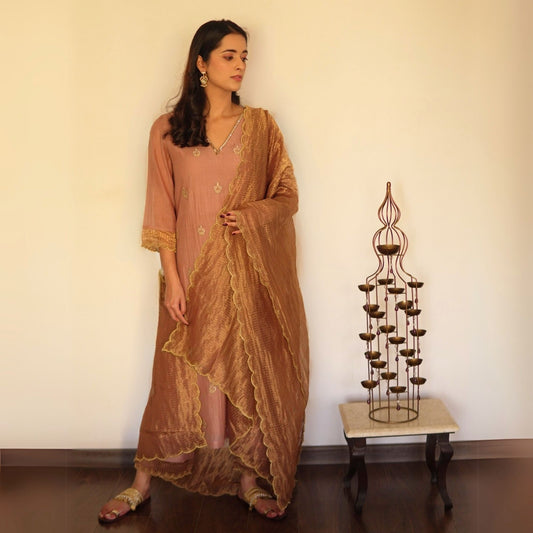 Mocha Chanderi embroidered Suit Set with Dupatta