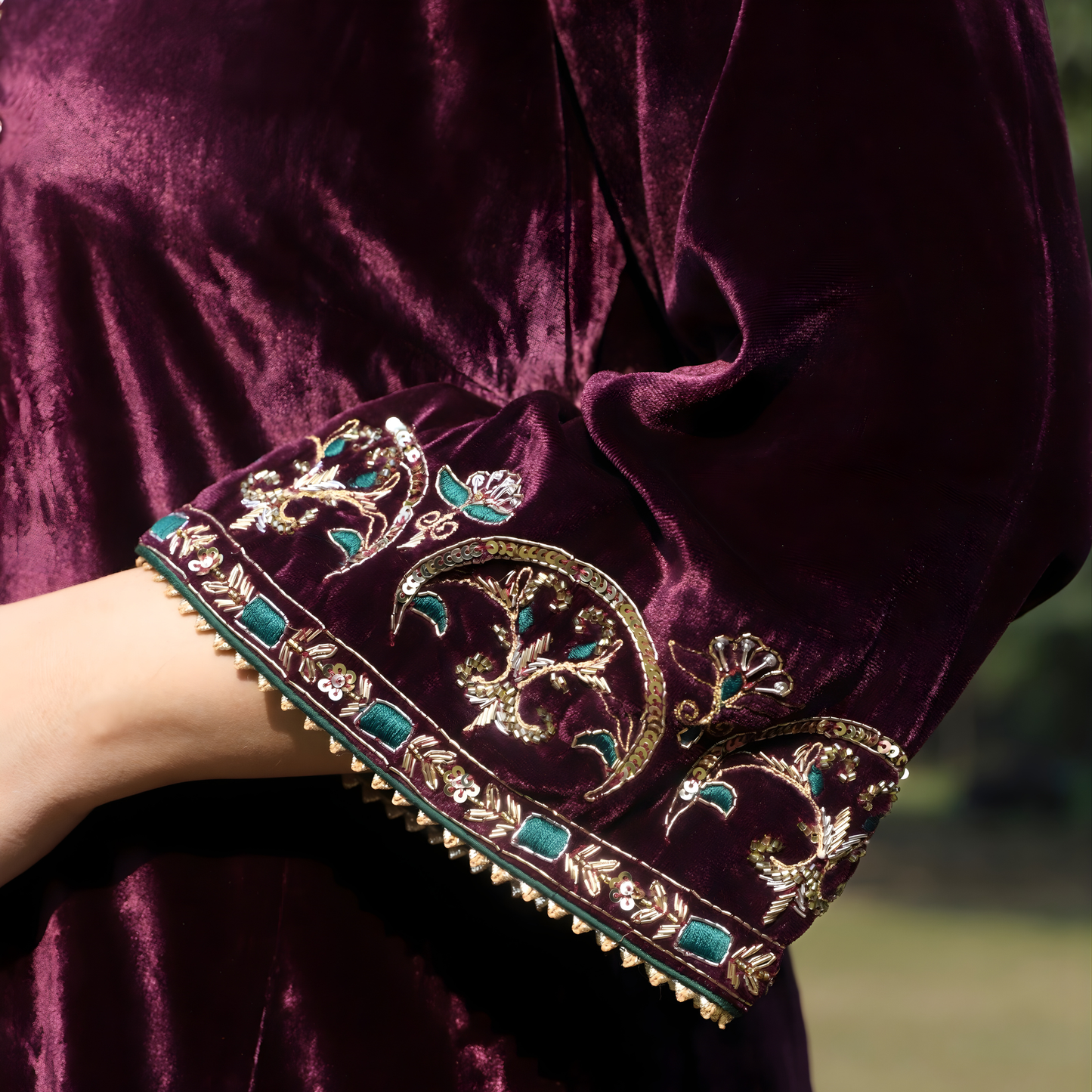 Wine Velvet Hand embroidered kurta set with dupatta