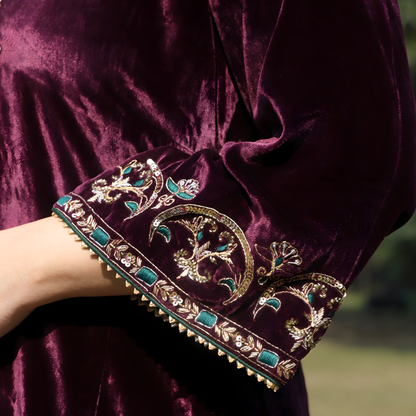Wine Velvet Hand embroidered kurta set with dupatta