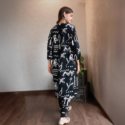 Black Cotton Abstract printed A-line kurta