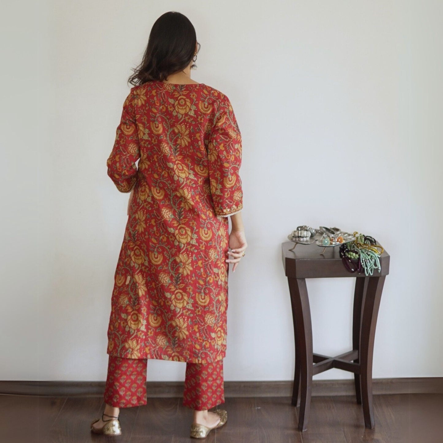 Red Floral Cotton Kurta Set with Mirrorwork