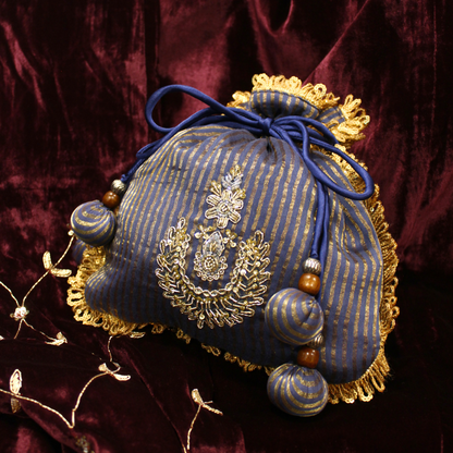 Blue Tissue Chanderi hand embroidered Potli bag