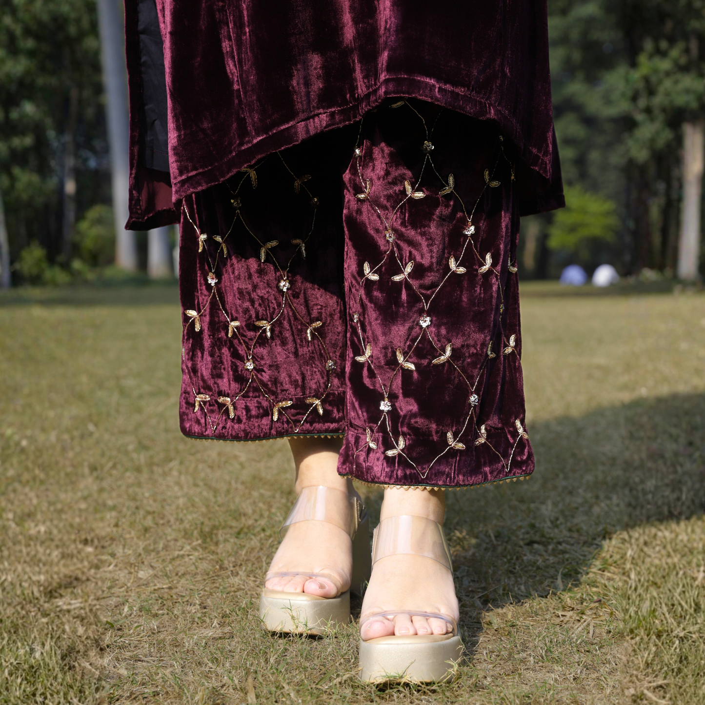 Wine Velvet Hand embroidered kurta set with dupatta