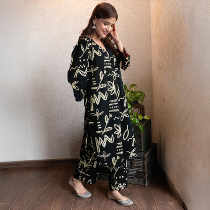 Black Cotton  printed A-line kurta