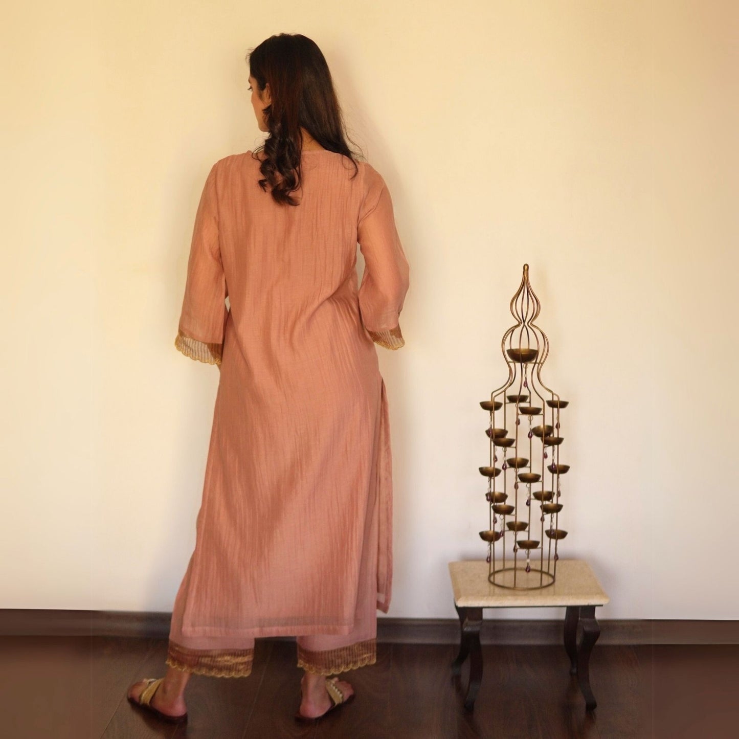 Mocha Chanderi embroidered Kurta Set