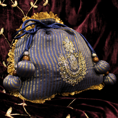 Blue Tissue Chanderi hand embroidered Potli bag
