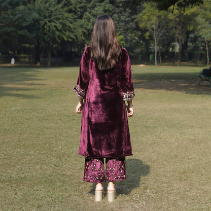 Wine Velvet Hand embroidered kurta set with dupatta
