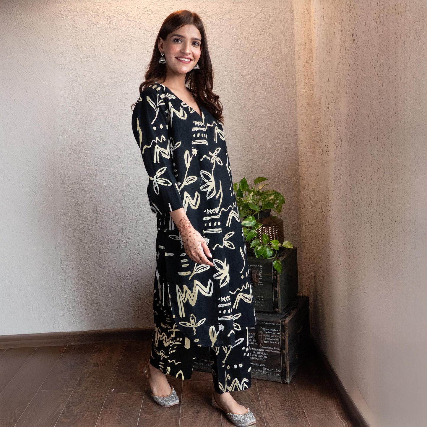 Black Cotton  printed A-line kurta