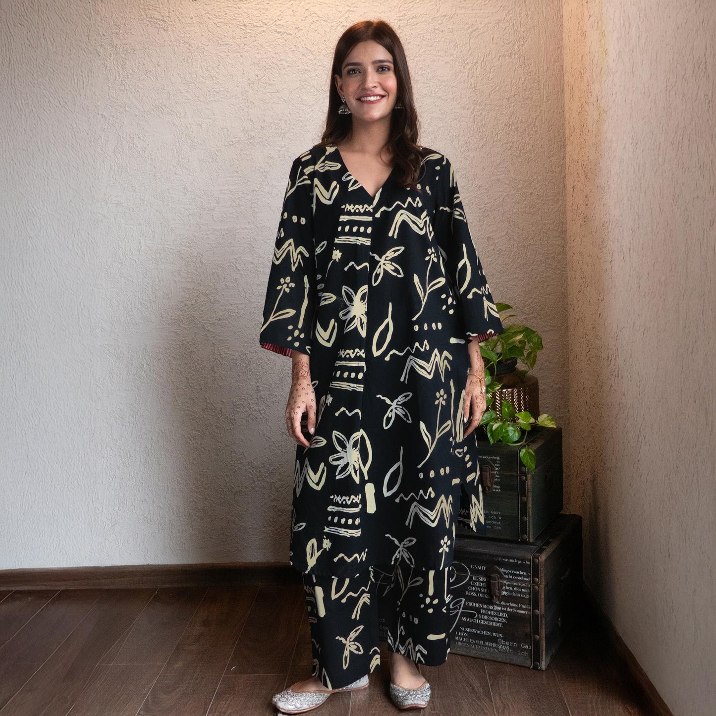 Black Cotton  printed A-line kurta