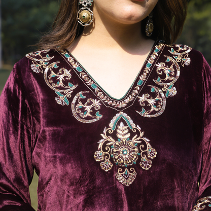 Wine Velvet Hand embroidered kurta set with dupatta