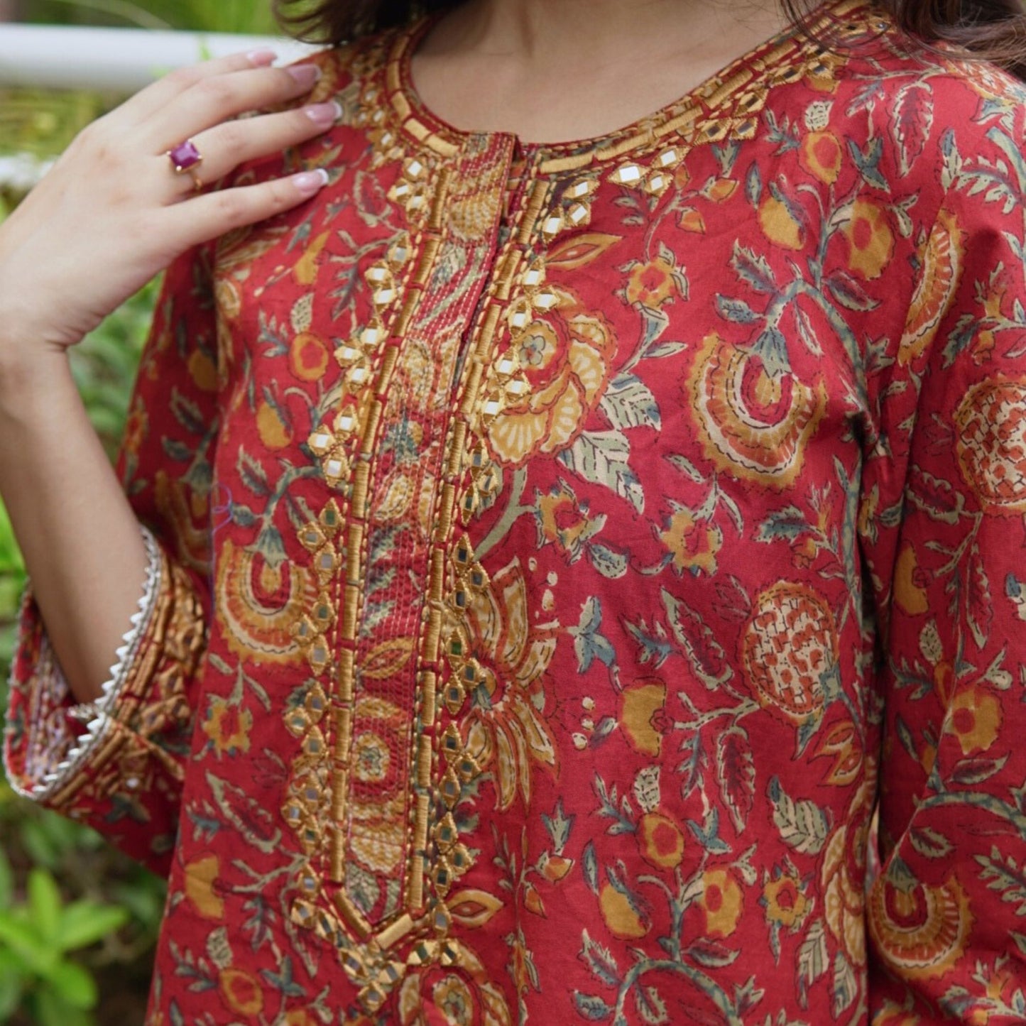 Red Floral Cotton Kurta Set with Mirrorwork