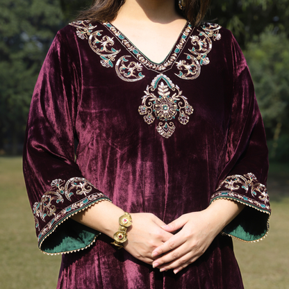 Wine Velvet Hand embroidered kurta set with dupatta