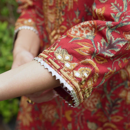 Red Floral Mirrorwork Cotton Kurta Set with Dupatta